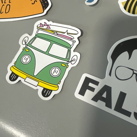 Assorted 12 Piece Vinyl Sticker Set Fun Whimsical Designs Van Palm Tree Taco - Picture 6 of 6